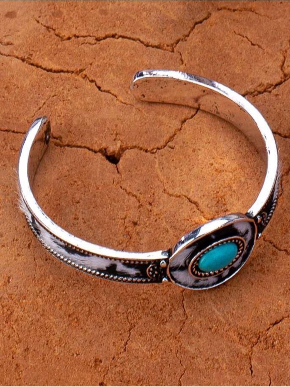 Western Turquoise Stone Silver Cuff Bracelet - Women Jewelry